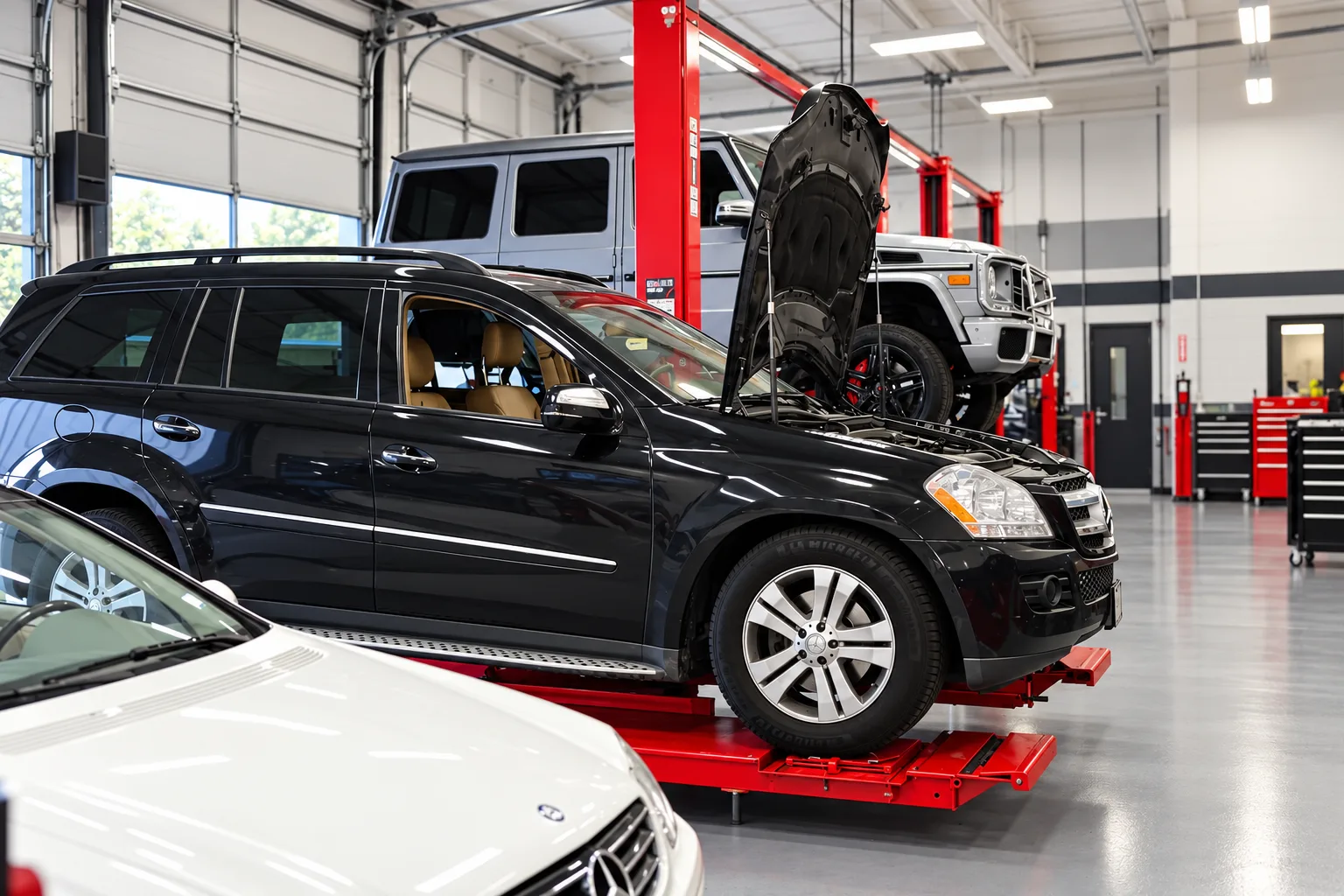 A black SUV on a red lift with its hood open in a bright, clean service bay, a second vehicle raised on a lift behind it.