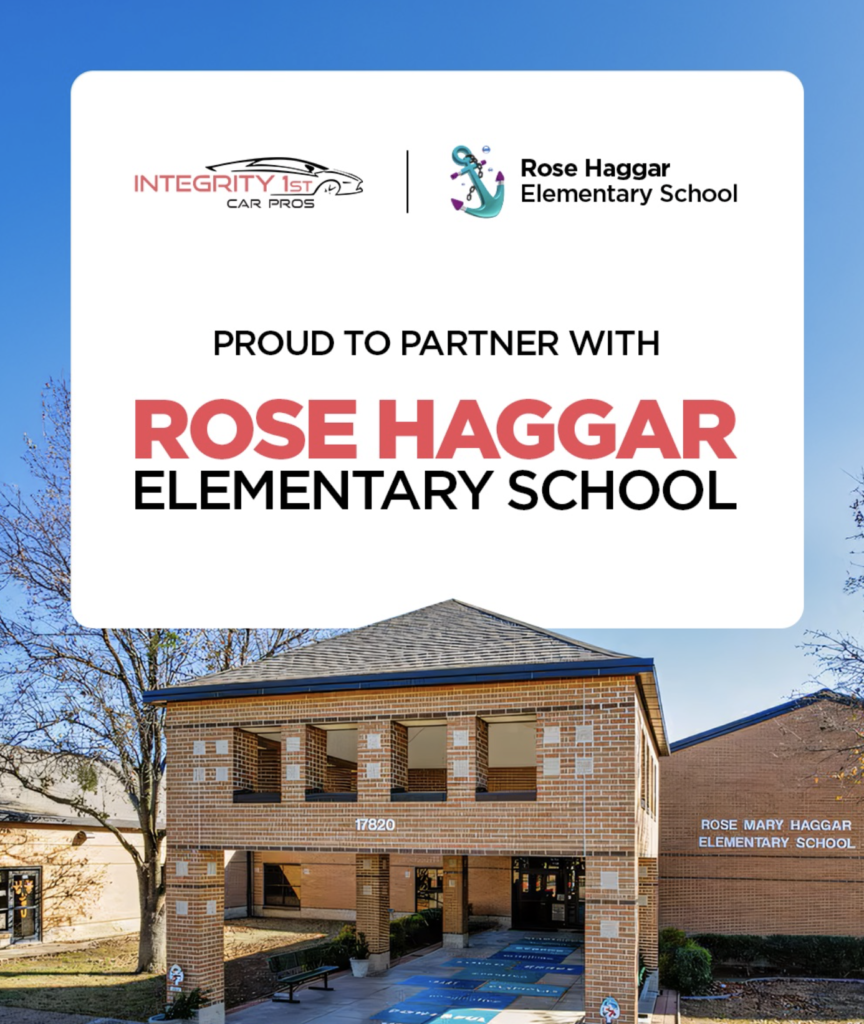 Integrity 1st Car Pros partnership announcement with Rose Haggar Elementary School over a photo of the school building.
