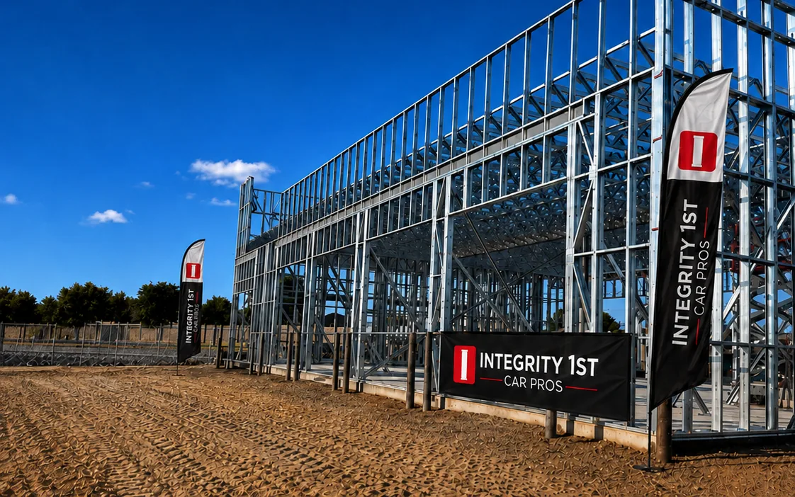 The steel goes up. Integrity 1st Car Pros Anna, TX construction progress