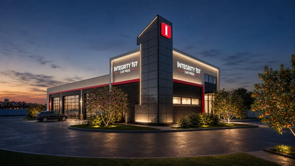 Architectural rendering of the Integrity 1st Car Pros Anna, Texas building exterior in the evening, showing the signage tower and entrance