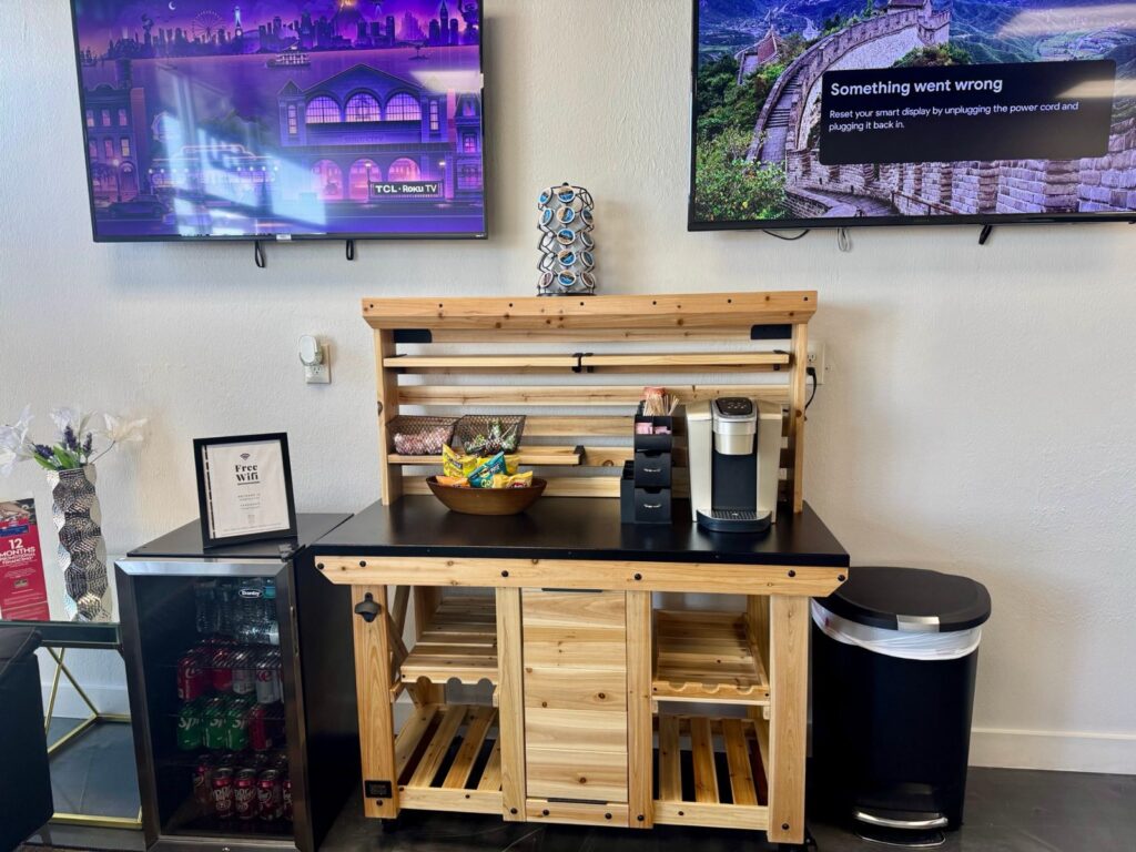 Complimentary coffee, snacks and cold drinks in the Wylie waiting area